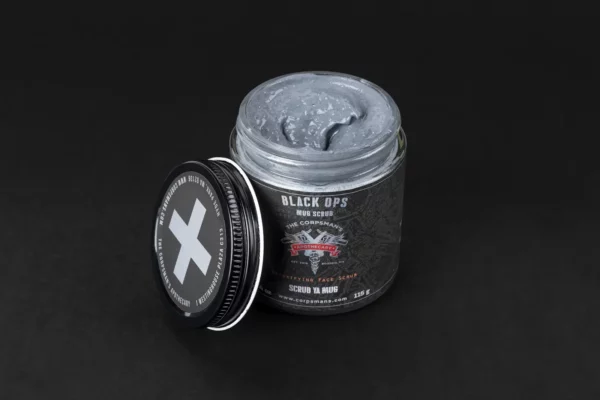 Corpsman's Apothecary Black Ops Mug Scrub jar open and showing product inside